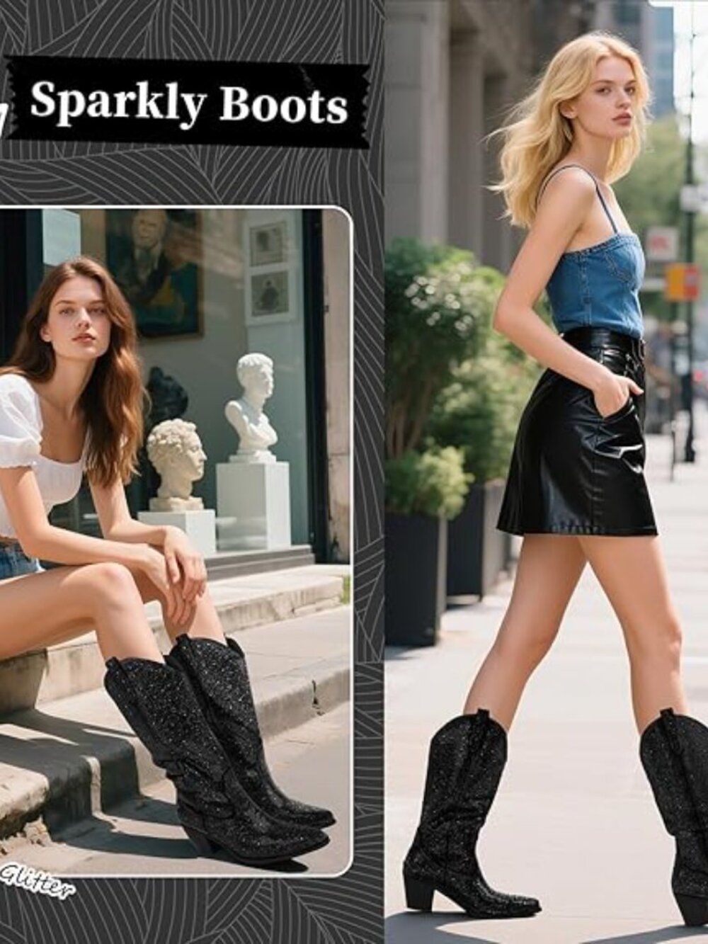 Women's Black-a faux leather Pointed Toe Heel Cowgirl Boots with Pull On Tabs - Picture 2 of 4